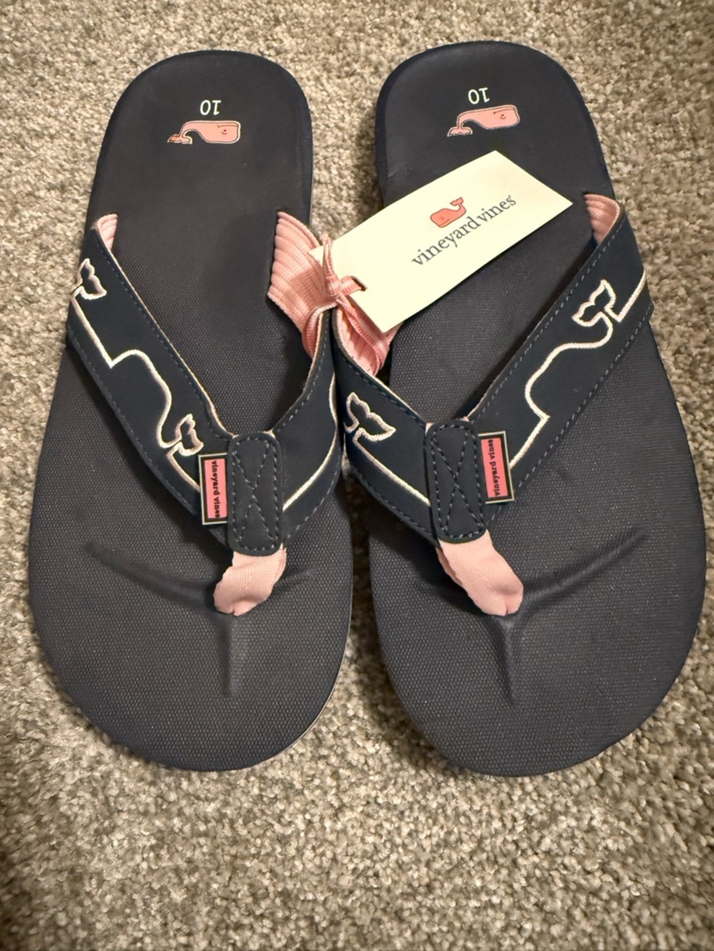 NWT Vineyard Vines Flip Flips Navy Blue Women Size 10 Pink Whale Embroidery